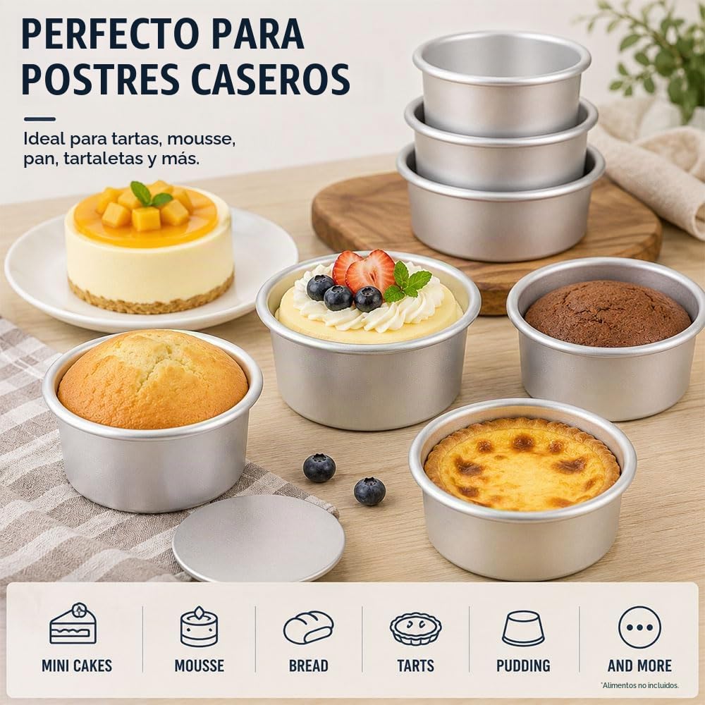 6 Piezas Moldes Reposteria Aluminio Anodizado 10/13/15/18/20/25 cm | Redondo Molde para Pastel con Base Extraíble, Molde Bizcocho Alu Anodizado para Capas de Tarta, Argento