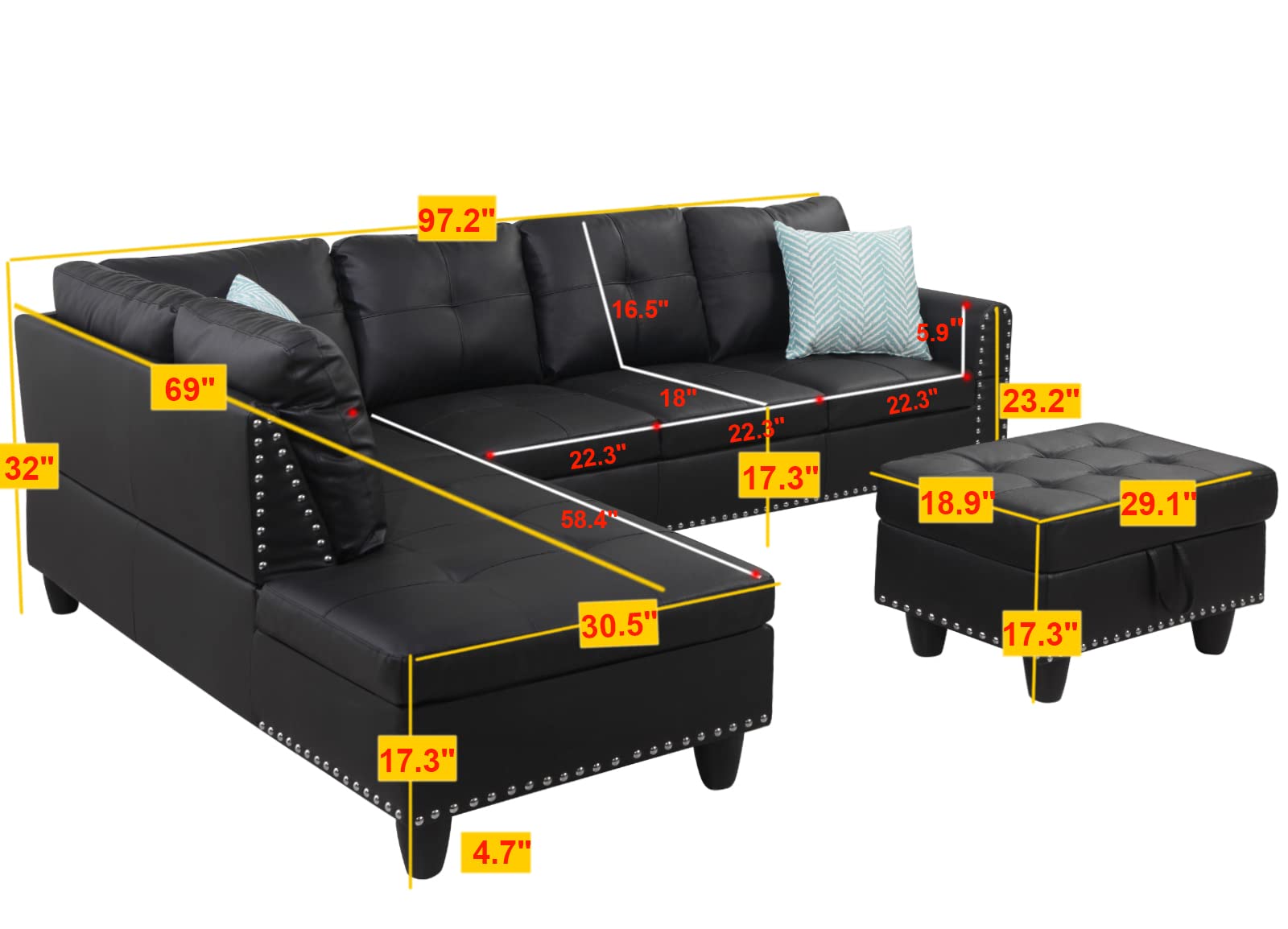 Sectional Sofa with Chaise Lounge and Ottoman Living Room Leather