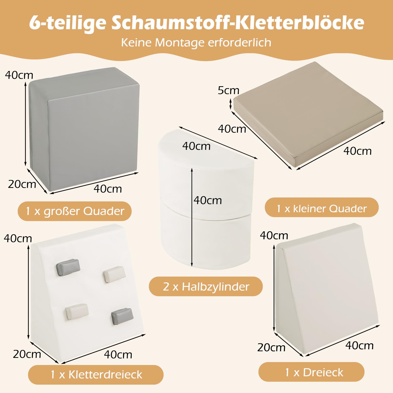 COSTWAY 6 TLG. Schamstoff Bausteine Kinder, Softbausteine mit Kletterfelsen zum Klettern & Krabbeln, Riesenbausteine aus Schaumstoff, Großbausteine Kletterblöcke für Innenbereich (Weiß)