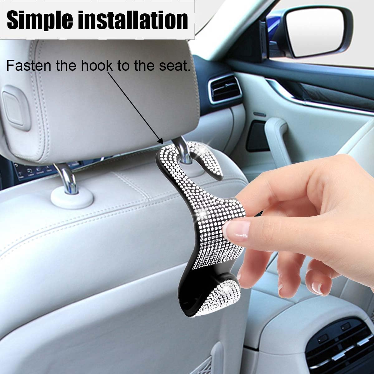 LAINLOY Lot de 4 crochets pour appuie-tête de voiture avec strass en cristal pour sac à main, accessoires d'intérieur universels pour SUV, voiture, camion (blanc)