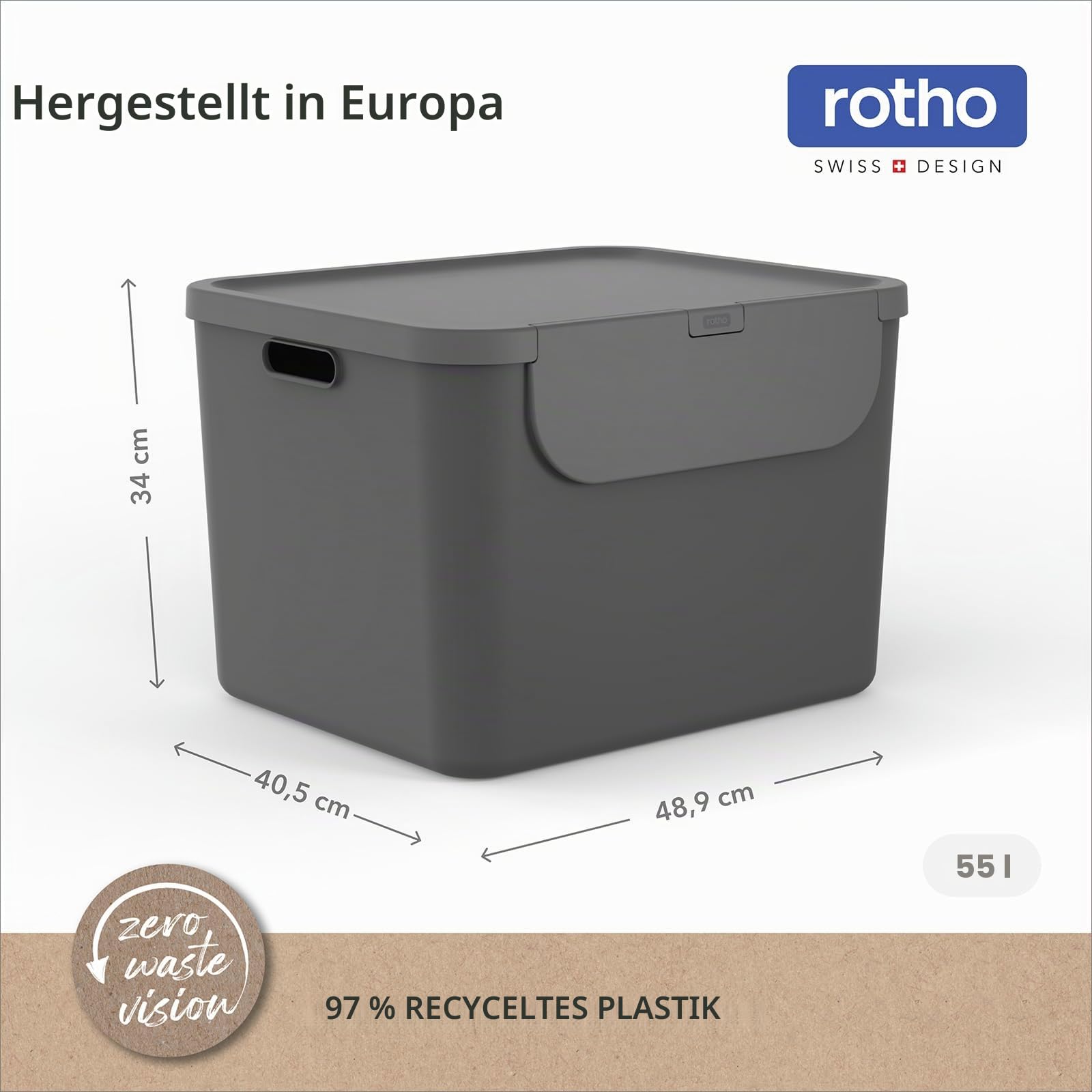 Rotho Albula große Aufbewahrungsbox mit Deckel 55 L Stapelbox Anthrazit | Plastikbox mit Deckel, frontale Klappe, auch gestapelt zu öffnen, zwei Griffe, 6 Aufkleber, stabil, einfach zu reinigen