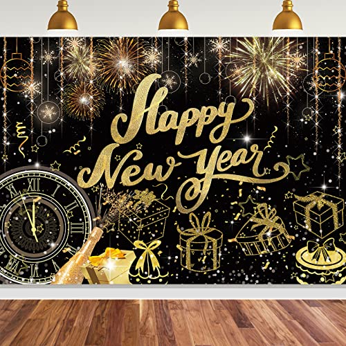 Image of Happy New Year Backdrop,7x5FT 2026 Black Happy New Year Backdrop Party Decor New Year Banner New Year Eve Party Backdrop Supplies