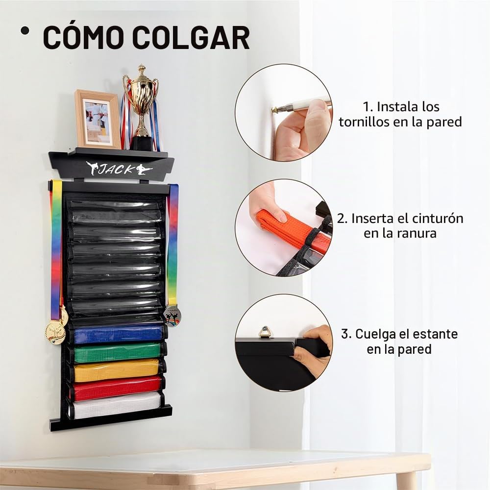 Soporte de Cinturones de Artes Marciales con Bolsa para Polvo, Soporte de Pared para Cinturón de Judo, para 12 Cinturones, Expositor de Cinturón Taekwondo para Artes Marciales, Karate