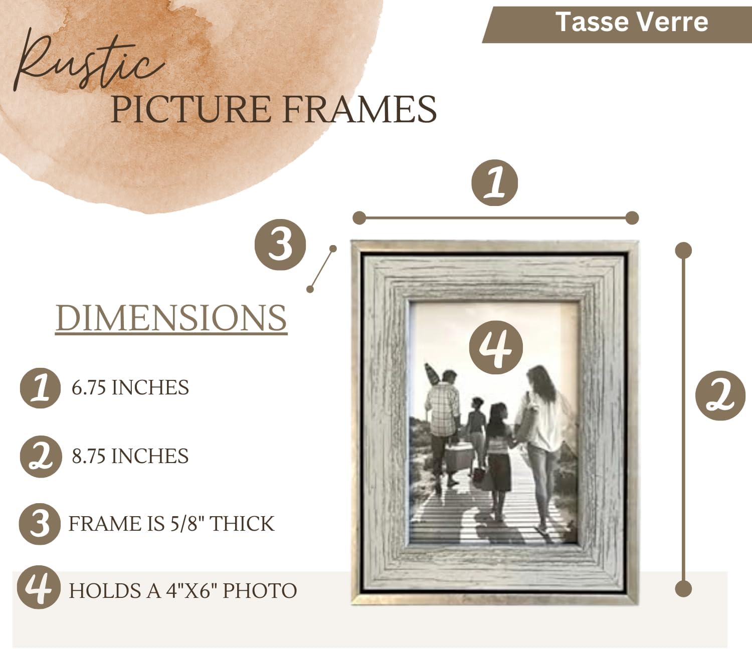 Tasse Verre 4x6 Rustic Picture Frames (3-Pack) - Distressed Farmhouse Industrial Table Frame - Ready to Hang or Stand - Built-in Easel - Silver Galvanized Metal Look with Wood Look Insert