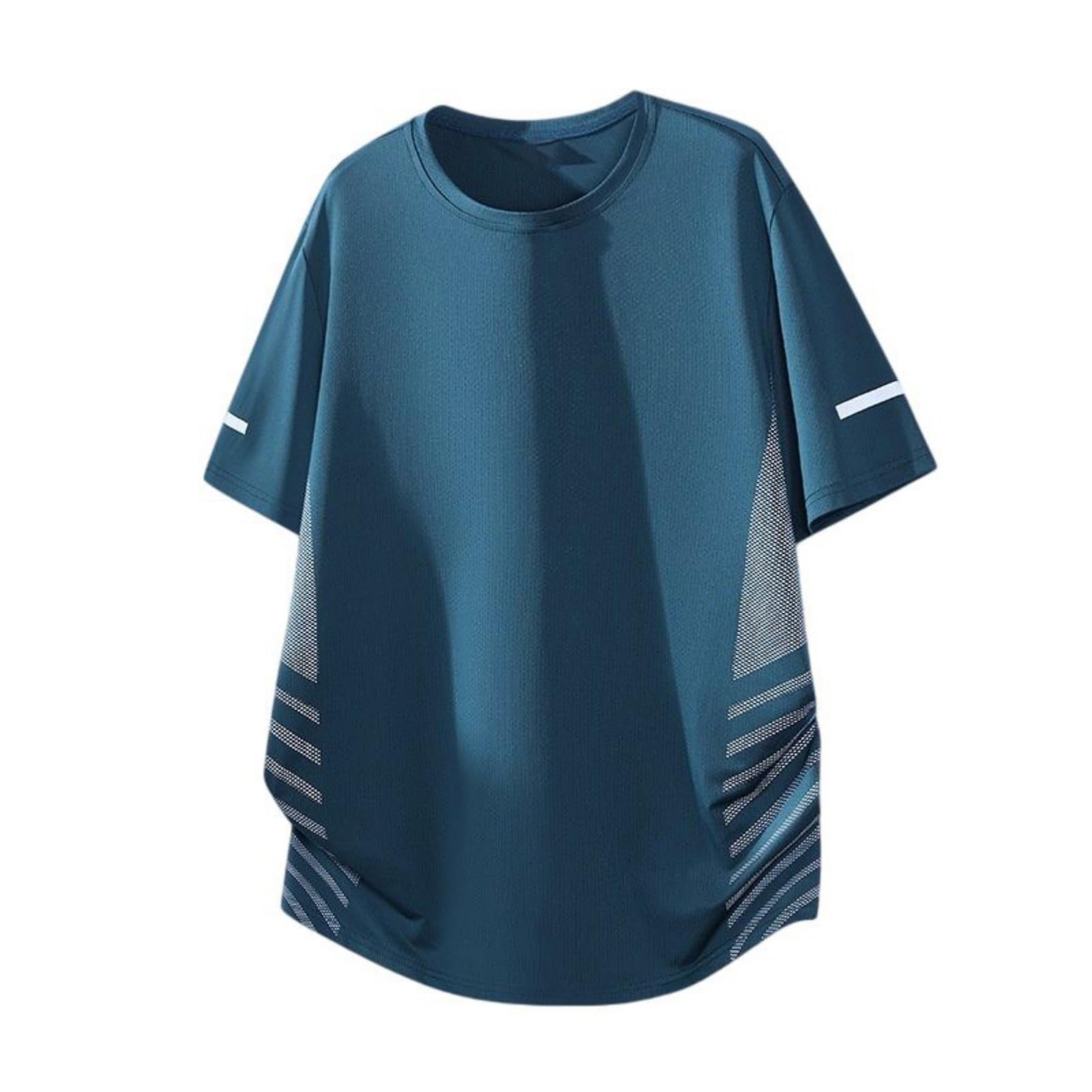 T-shirt da uomo a maniche corte in seta di ghiaccio a righe con colletto rialzato, vestibilità larga, per allenamento, corsa, abbigliamento all'aperto