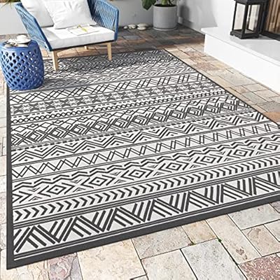 Outdoor Rug Carpet 9x12 ft, Flatweave Textured Outdoor Patio Rug Non Slip Indoor Outdoor Rugs with Rubber Particles Backing Boho Outdoor Area Rug for Patio Deck Front Porch Backyard Balcony