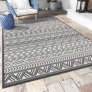 Outdoor Rug Carpet 8x10 ft, Flatweave Textured Outdoor Patio Rug Non Slip Indoor Outdoor Rugs with Rubber Particles Backing Boho Outdoor Area Rug for Patio Deck Front Porch Backyard Balcony