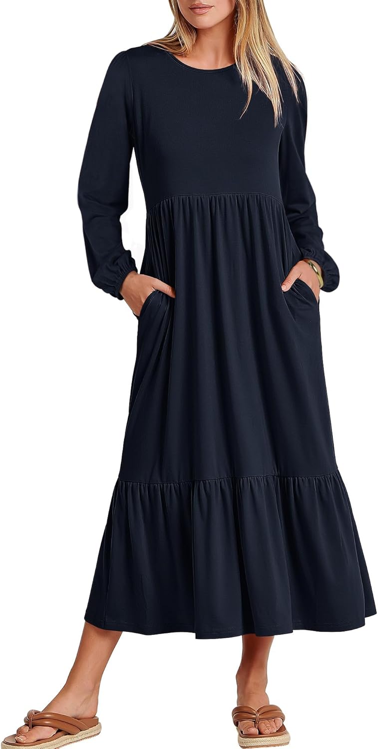 Women's Casual Long Sleeve Midi Dress 2024 Fall Crewneck A Line Tiered Flowy Loose Trendy Dresses with Pockets