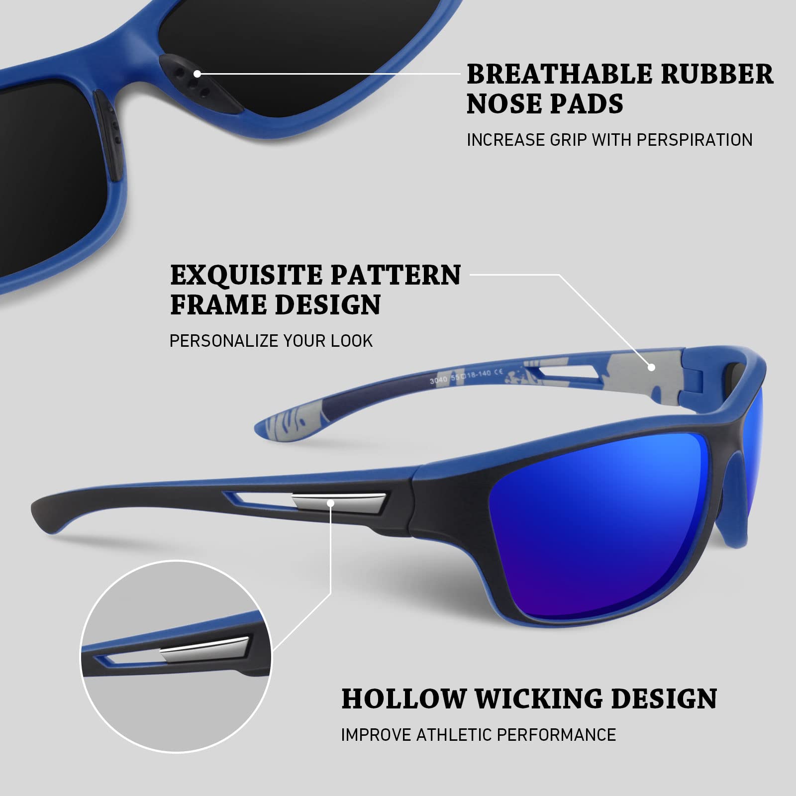 Gafas de sol polarizadas para hombres y mujeres, gafas rectangulares de conducción de pesca, protección UV400, Marco negro/lente ahumado + marco negro/lente espejo azul oscuro, Medium