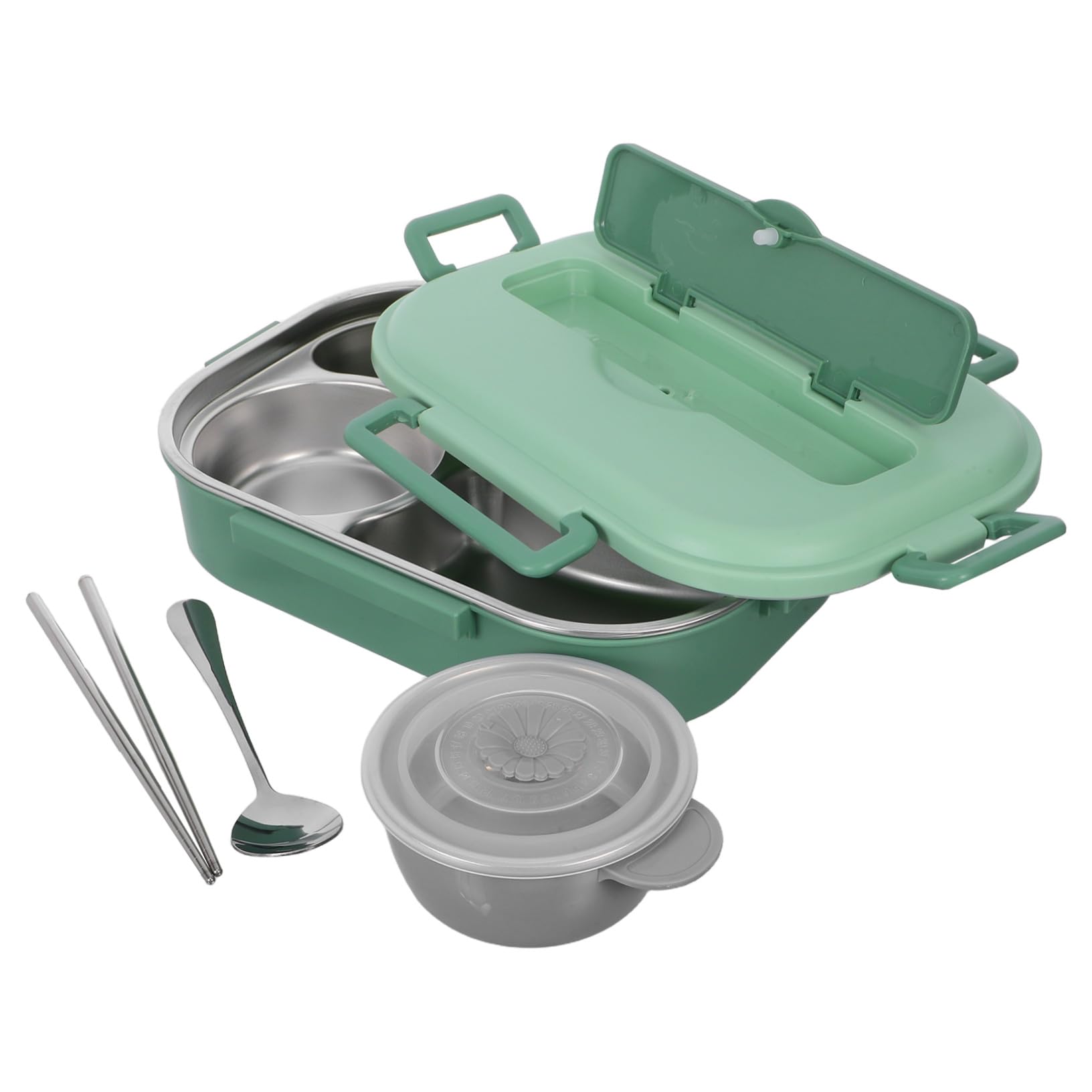 Fiambrera Bento para Adultos de Acero Inoxidable 1500ml, 4 Compartimentos | Verde, Hermética y Dividida, Incluye Tazón para Sopa, Vajilla, Palillos y Cuchara, Decoracion Colegio