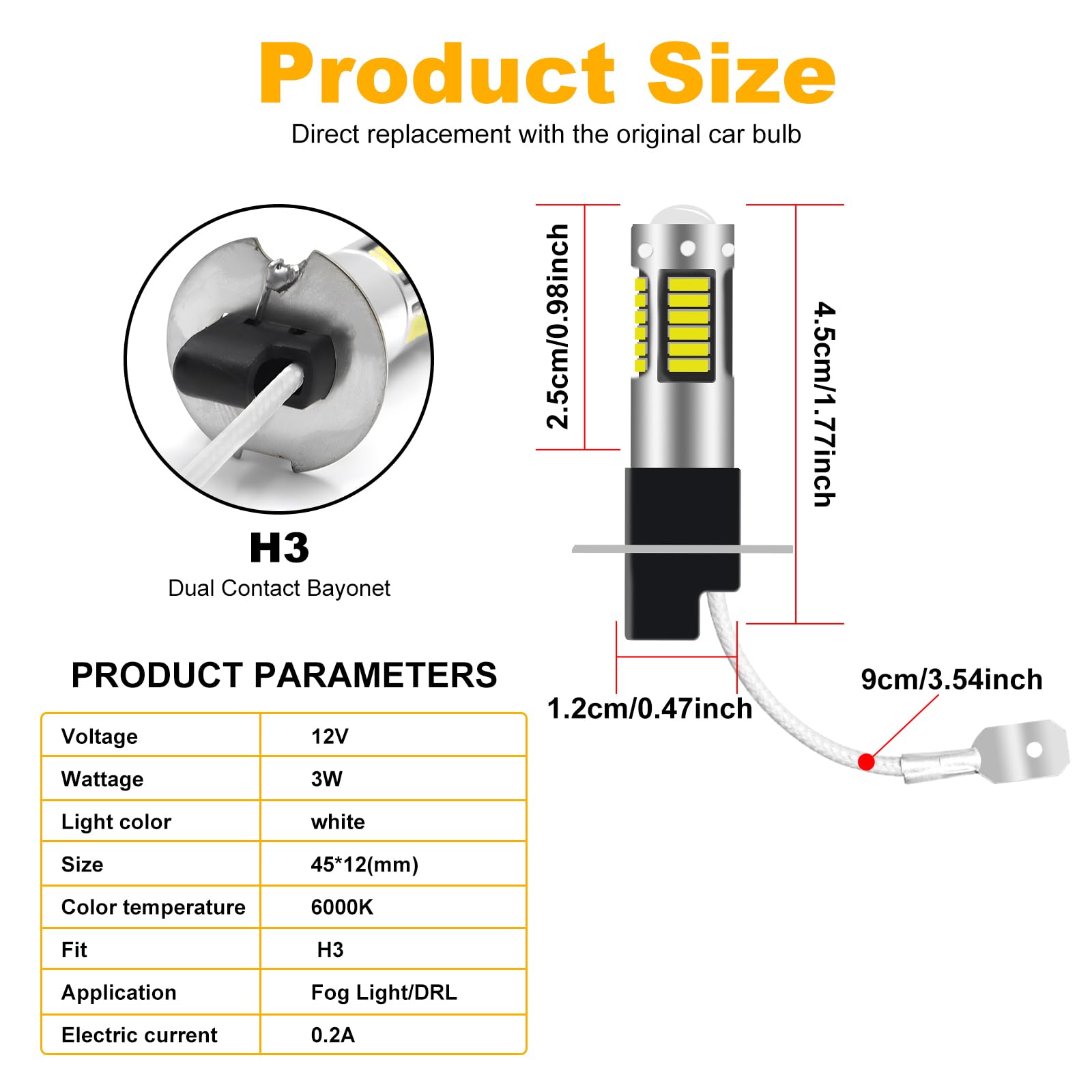 2PCS H3 LED Fendinebbia,Universali Luce a Led Antinebbia Lampadina Auto Fog Lamp 12V 24V Auto Luci di Guida 30SMD 450LM Sostituisci per Fendinebbia o Luce di Marcia Diurna DRL