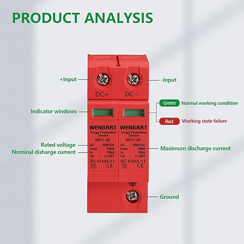Miniatura 2 de Dispositivo de protección contra sobretensiones,DC500V 2P 10  20kA 1.417 in Montaje en carril DIN,Dispositivo de pararrayos para dispositivos de