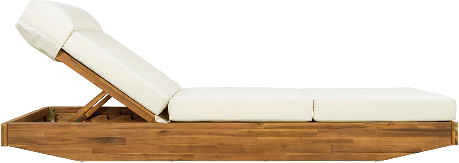 Modern Acacia Wood Outdoor Chaise Lounge with Dark Gray Water-Repellent Cushion & Integrated Headrest, Adjustable & Foldable Design for Patio, Poolside, Garden
