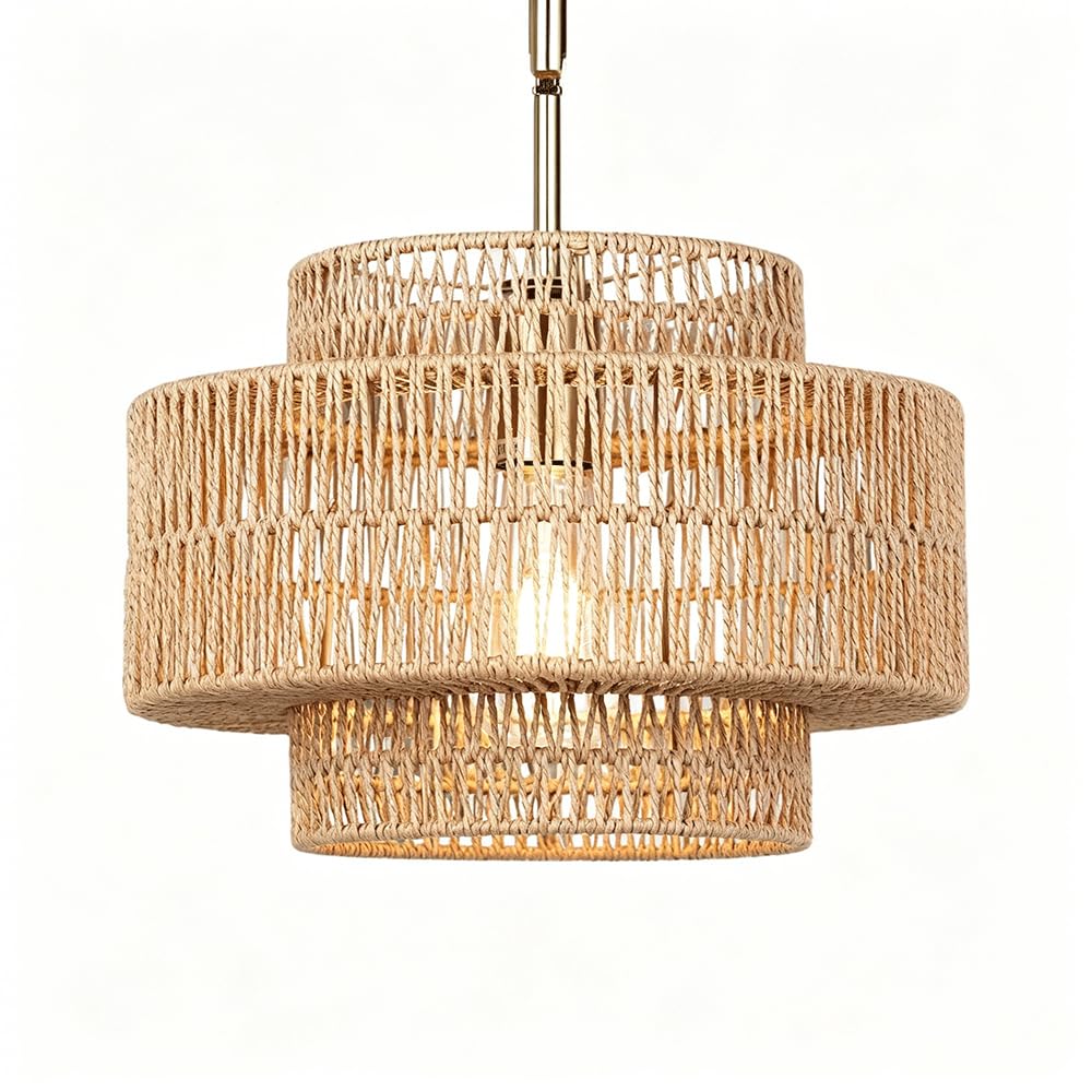 YNAHZAOK Boho-Style Woven Rattan Chandelier Hemp Rope and Woven Rattan Pendant Light Fixture with Adjustable Suspension Line Hand-Woven Lampshade Entryway Hallway Lighting Fixture Natural Materials