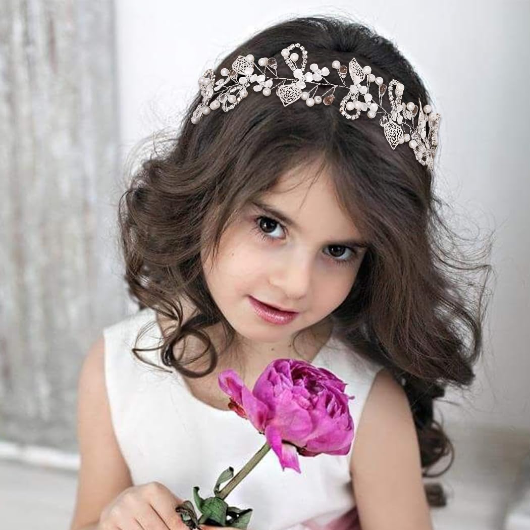 IYOU Princess Crystal Headpiece Silver Flower Wedding Headband Pearl Holy Communion Hair Accessories for Flower Girl Bride Bridesmaid - Image 4
