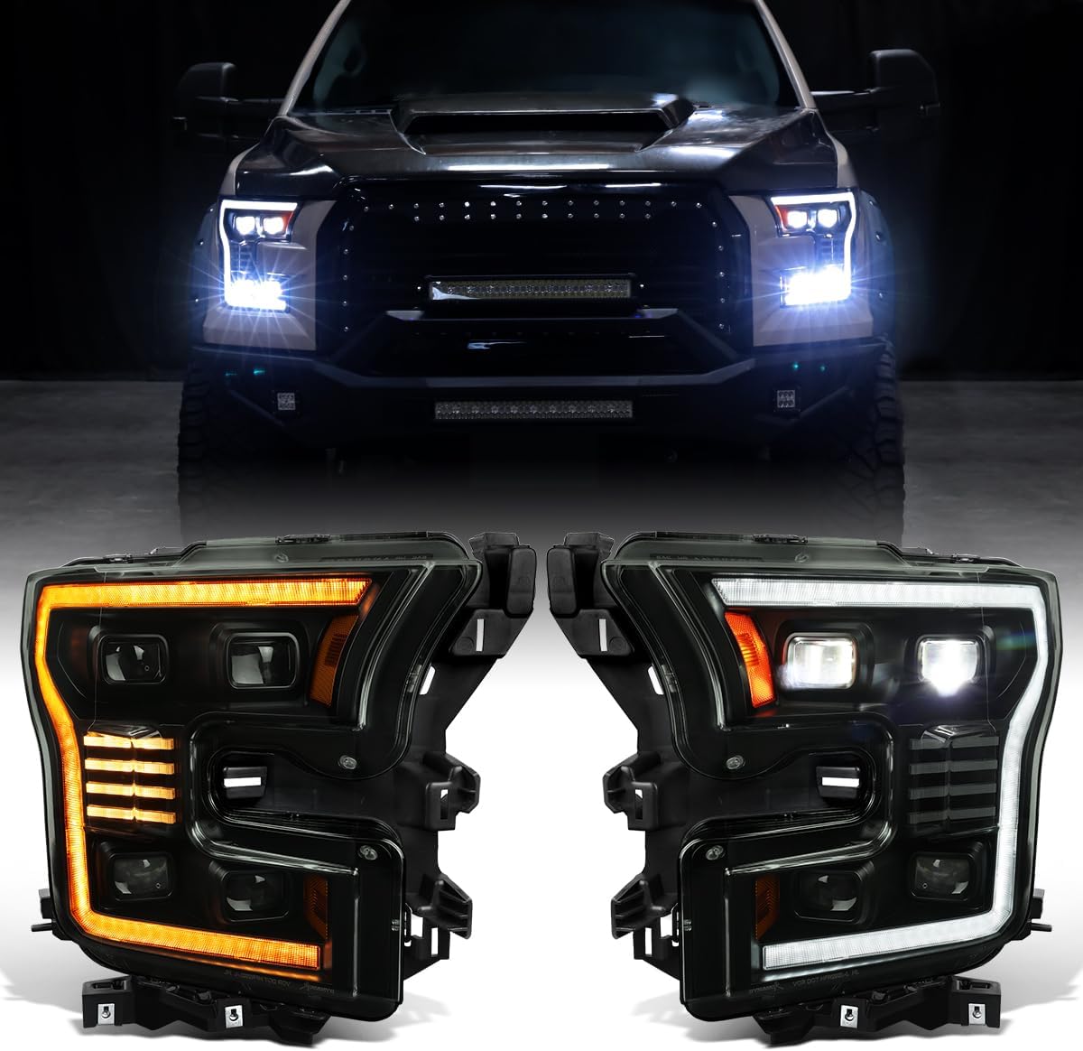 Ronnin - Fits 2015-2017 Ford F150 Full LED Beam Quad Projector Headlights Animated Startup Remote Control Amber/White DRL Switchback Seq. Turn Signals With 2 Lighting Patterns Pair | Black Smoke