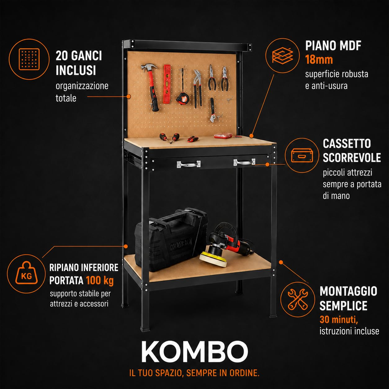 KOMBO - Banco da Lavoro in Alluminio con 2 Ripiani in MDF, 1 Cassetto, Schienale in MDF con 20 Ganci – 91x48x140 cm – Struttura Robusta, Salvaspazio, Ideale per Garage e Officine