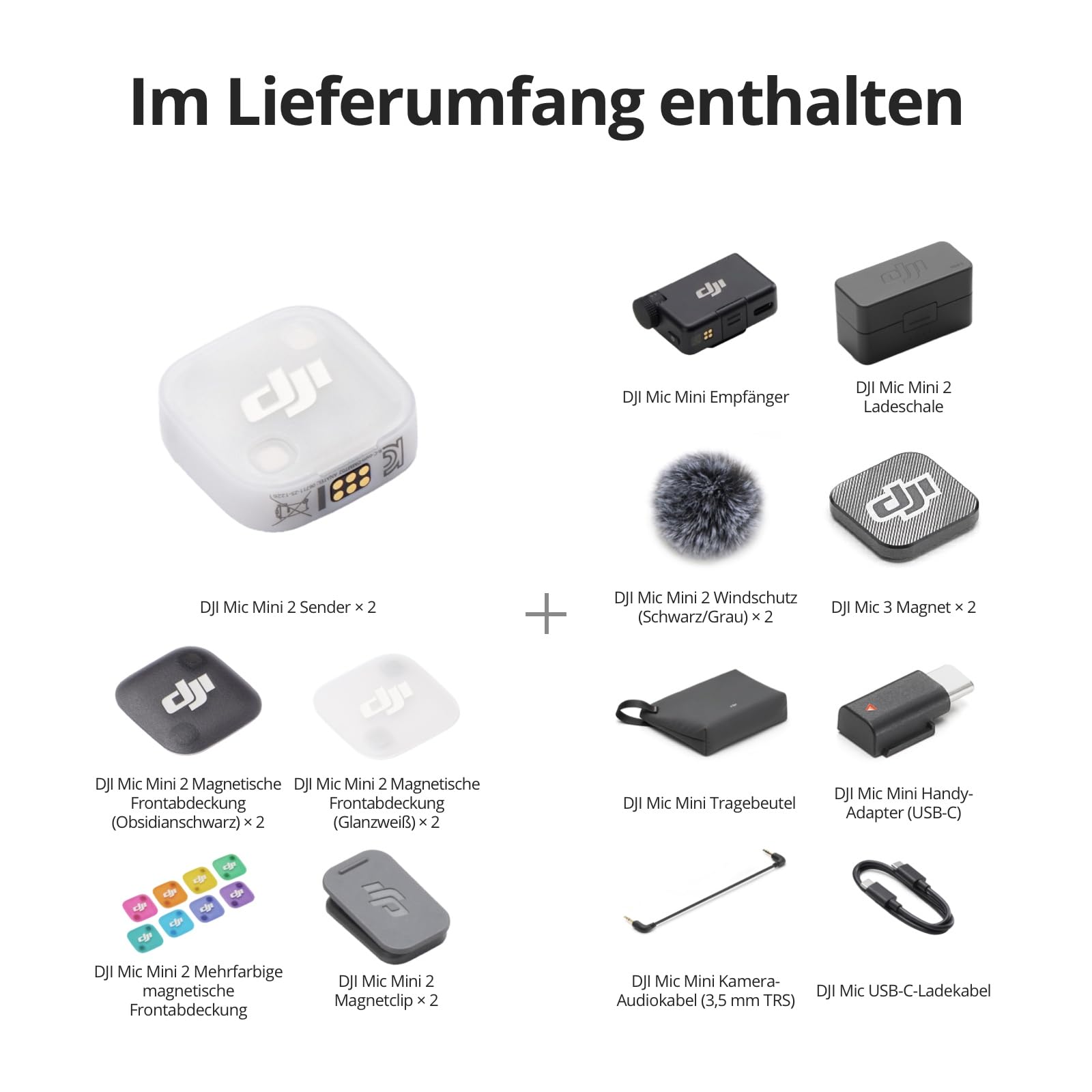 DJI Mic Mini 2 (2 TX + 1 Standard RX + Ladeschale), Lavalier-Mikrofon, Ansteckmikrofon für iPhone und Android/Kamera/Tablet/PC, Handy-Mikrofon, 48h Akkulaufzeit, Magnet-Abdeckungen in Mehreren Farben