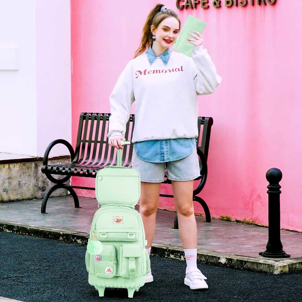 CCJPX Rolling Backpack for Girls Women, 21 inch Roller Wheels School Bookbag, Wheeled Suitcase Backpacks with Lunch Bag for Teen - Green - Image 6