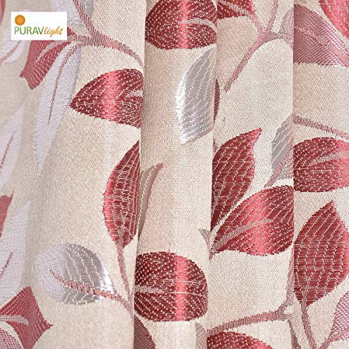 Image of Purav Light Leaf and Texture Pattern Jacquard Jute Room Darkening Curtains for Door Living Room Bedroom, 9 Feet Long, Red, Set of 3 Pieces