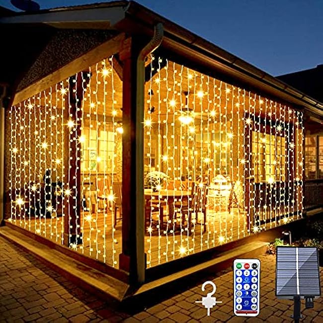 Upgraded Solar Curtain Lights Outdoor Garden Fairy String Lights 300 LED 8 Modes Remote Control Waterproof Waterfall Lights for Gazebo Patio Party Festival Wedding Christmas Decorations(Warm)