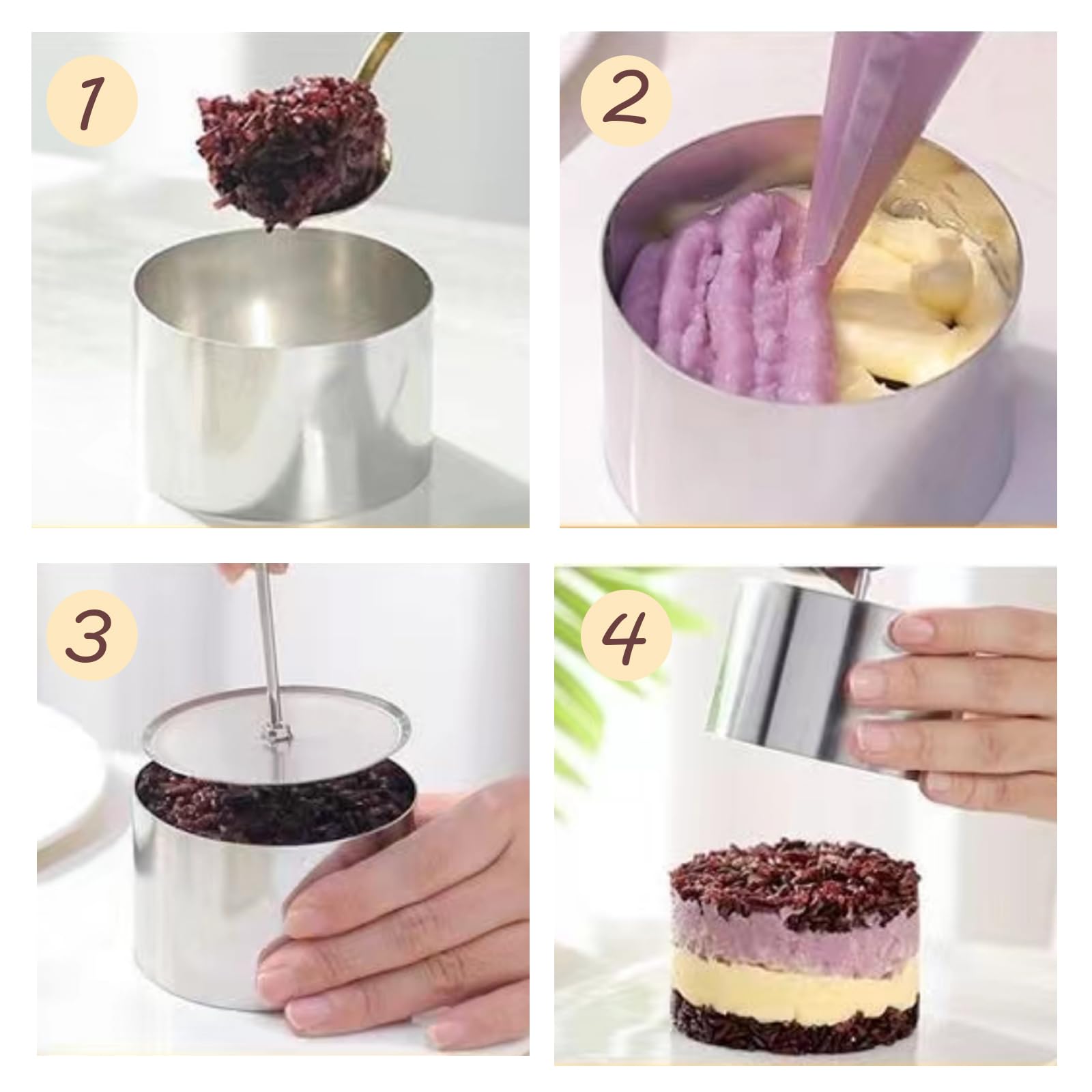 6 Stück Dessertringe und Speiseringe Set，dessertringe 8cm und 6cm，servierringe Edelstahl Set，Stampfer und Mousse Schablonen für Kochen Backen Mousse