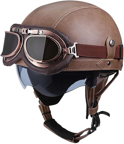 Miniatura 6 de Casco de cuero de media cara estilo retro para motocicleta alemana, aprobado por DOT, casco de media carcasa con gafas y visera oculta (21.7-24.4