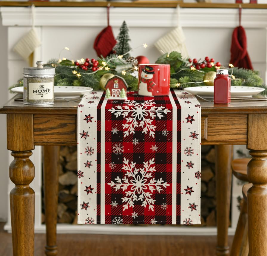 Caminho de mesa de Natal com flocos de neve xadrez búfalo, decoração de mesa de jantar de
