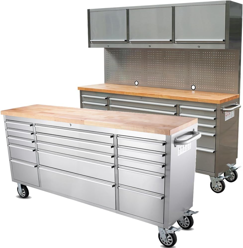 2 Pack - 72" Stainless Steel Rolling Tool Chest with 15 Drawers, Lockable Storage Cabinet, Mobile Workbench, Assembled Large Tool Box with Wheels for Garage Workshop (2 × HTC7215W1)