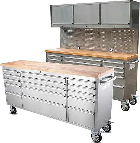Miniatura 9 de Cofre de herramientas rodante de acero inoxidable de 72 pulgadas con 11 cajones + 3 gabinetes superiores, armario de almacenamiento grande con