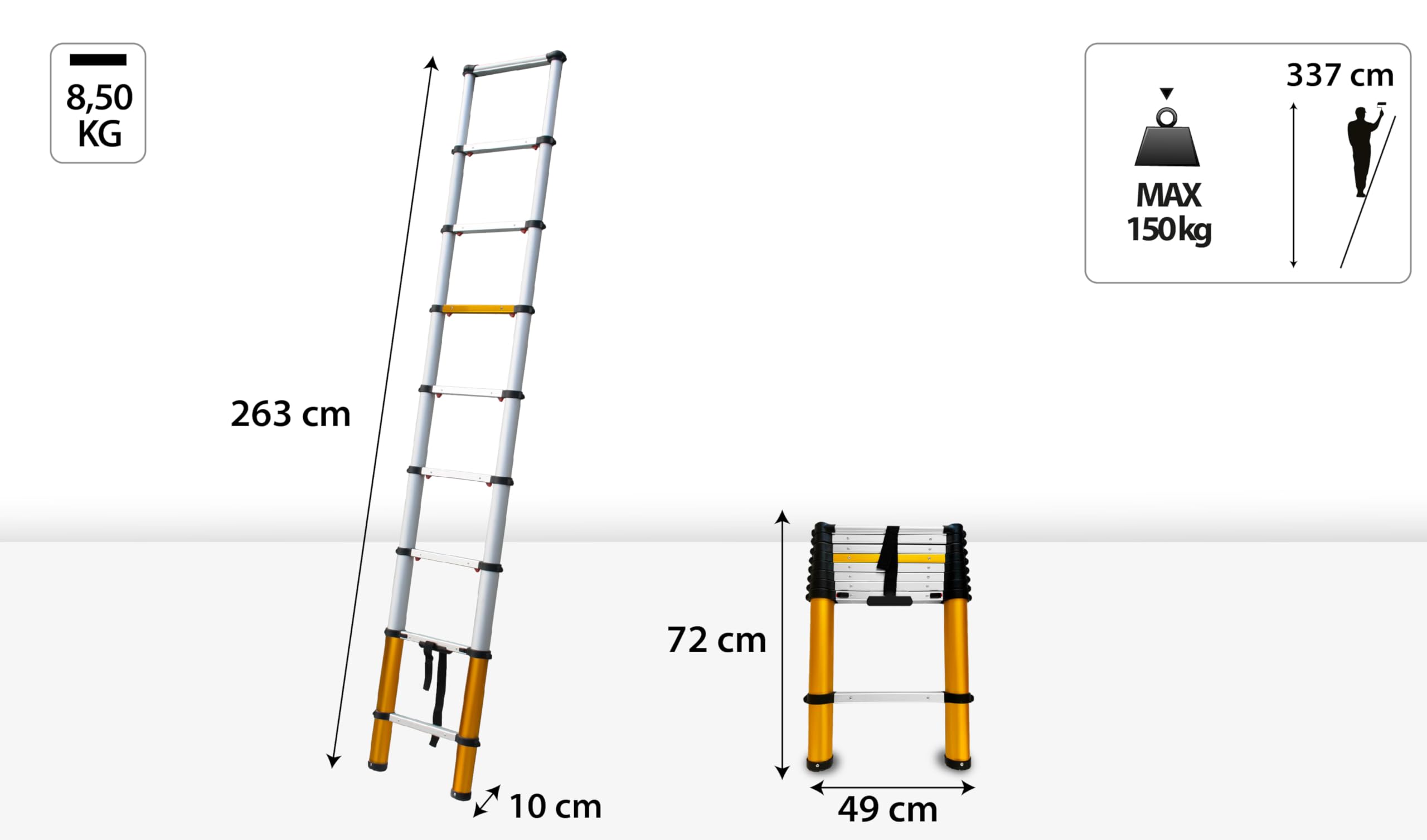 Drabest - MAX - Teleskopleiter - Leiter Ausziehbar - Klappleiter, Aluleiter - bis 150 kg - Mehrzweckleiter, Ausziehleiter - Aluminium, Klappbar - Leiter 9 Stufen - 0,49x2,63x0,1 m