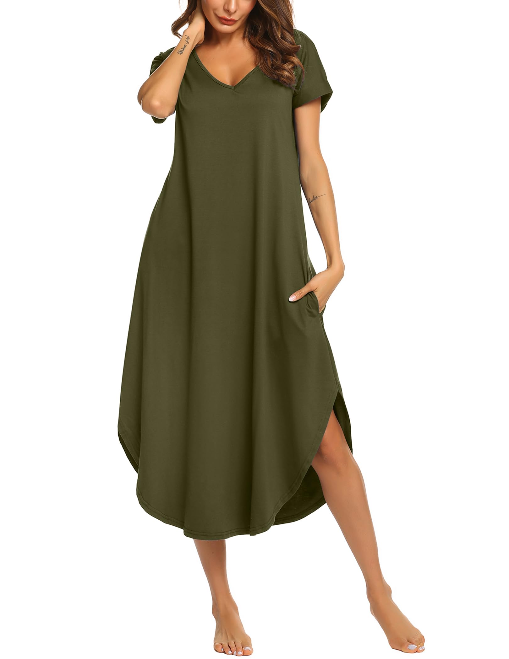 Ekouaer Long Nightgowns for Women Short Sleeve House Dress with Pockets V Neck Sleepshirts Side Split Sleepwear S-4XL