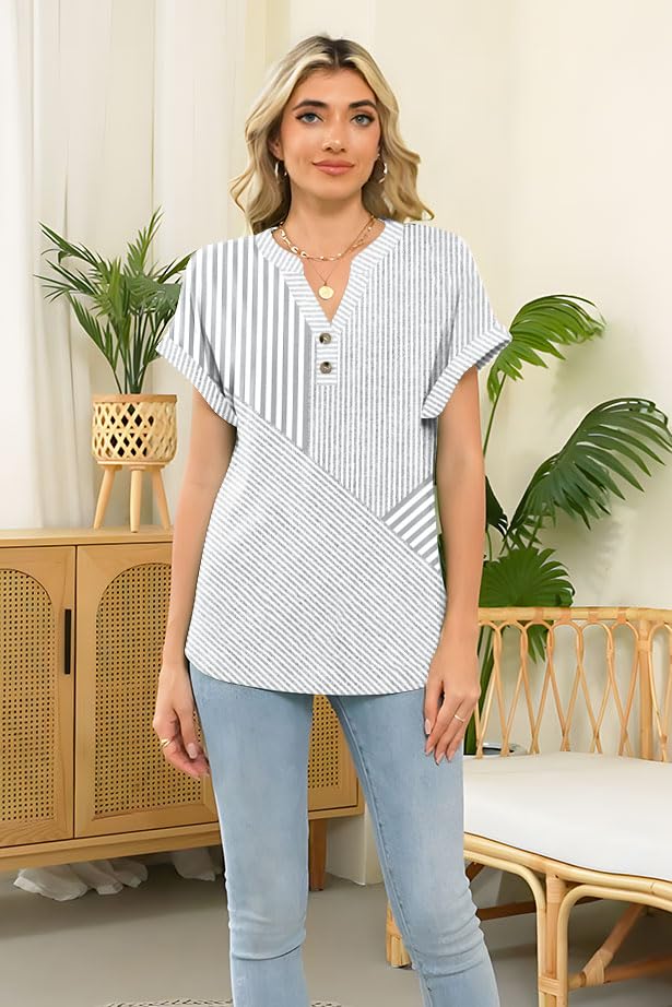 Womens Striped Henley Summer Tops V Neck Button Dressy Casual T Shirts Blouses 2025 Trendy Clothes4