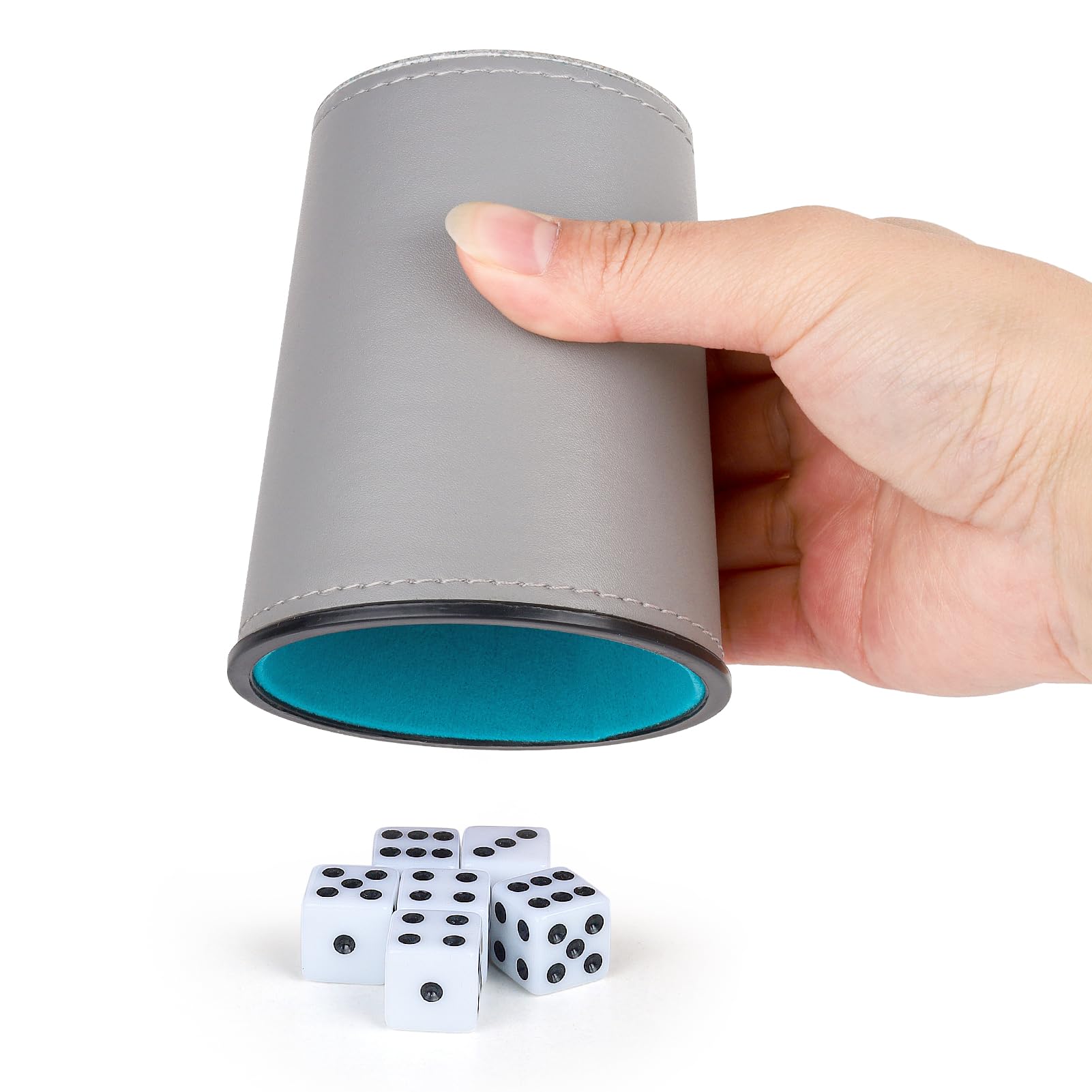 Filzgefüttertes Würfelbecher-Set aus PU-Leder, 6 leise Würfelbecher mit 36 Würfeln für Bar-Party, Yahtzee Farkle-Würfelspiele, Grau und Blau