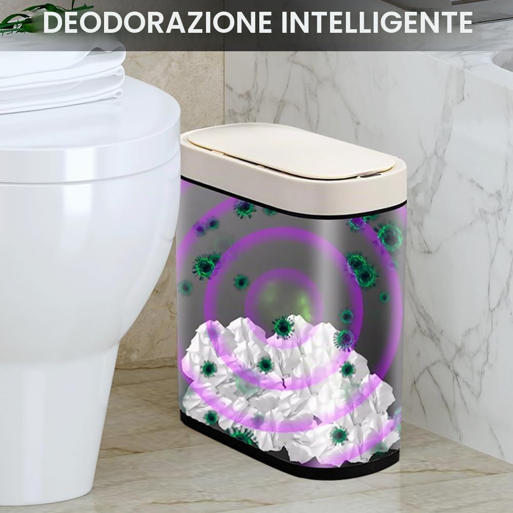 Pattumiera da Bagno con Sensore e Tecnologia Sensore, Senza Contatto e Impermeabile, per Ufficio e Bagno, Pattumiera con Coperchio e Funzione Anti-Rumore (Bianco, 8L)
