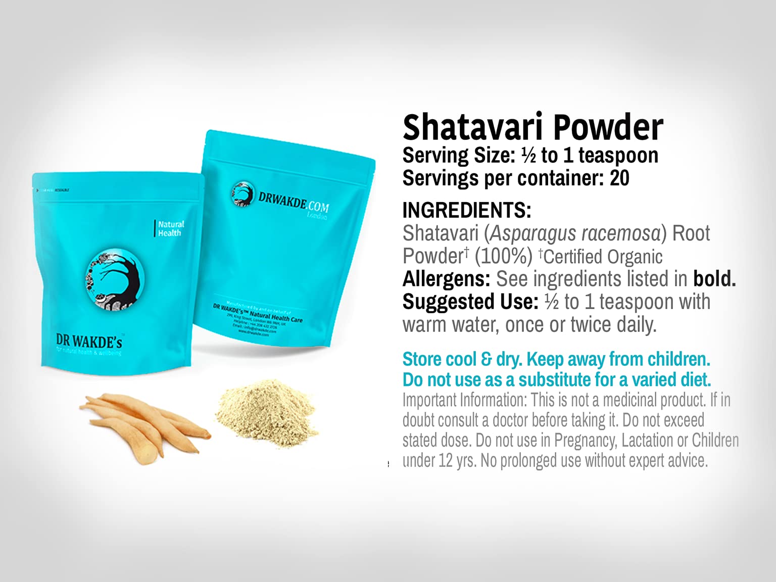 DR WAKDE'S Shatavari Pulver (Asparagus racemosa) - 500 g (1.1lb) | Rein, Raw & Getrocknetes Pulver | Ayurveda-Kräuter | Vegan | Nichts hinzugefügt, nichts entfernt | Am selben Tag Versand