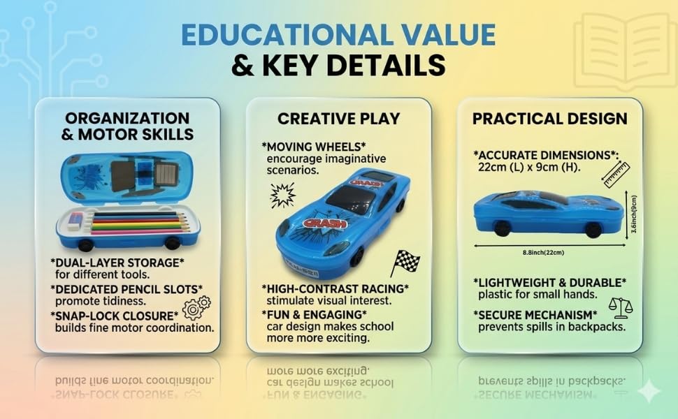 Image of Neokiddo Medium Size Racing Car Pencil Box for Kids | Sports Car Shape Geometry Stationery Box with Moving Wheels | Plastic School Pencil Case for Boys & Girls (Blue)