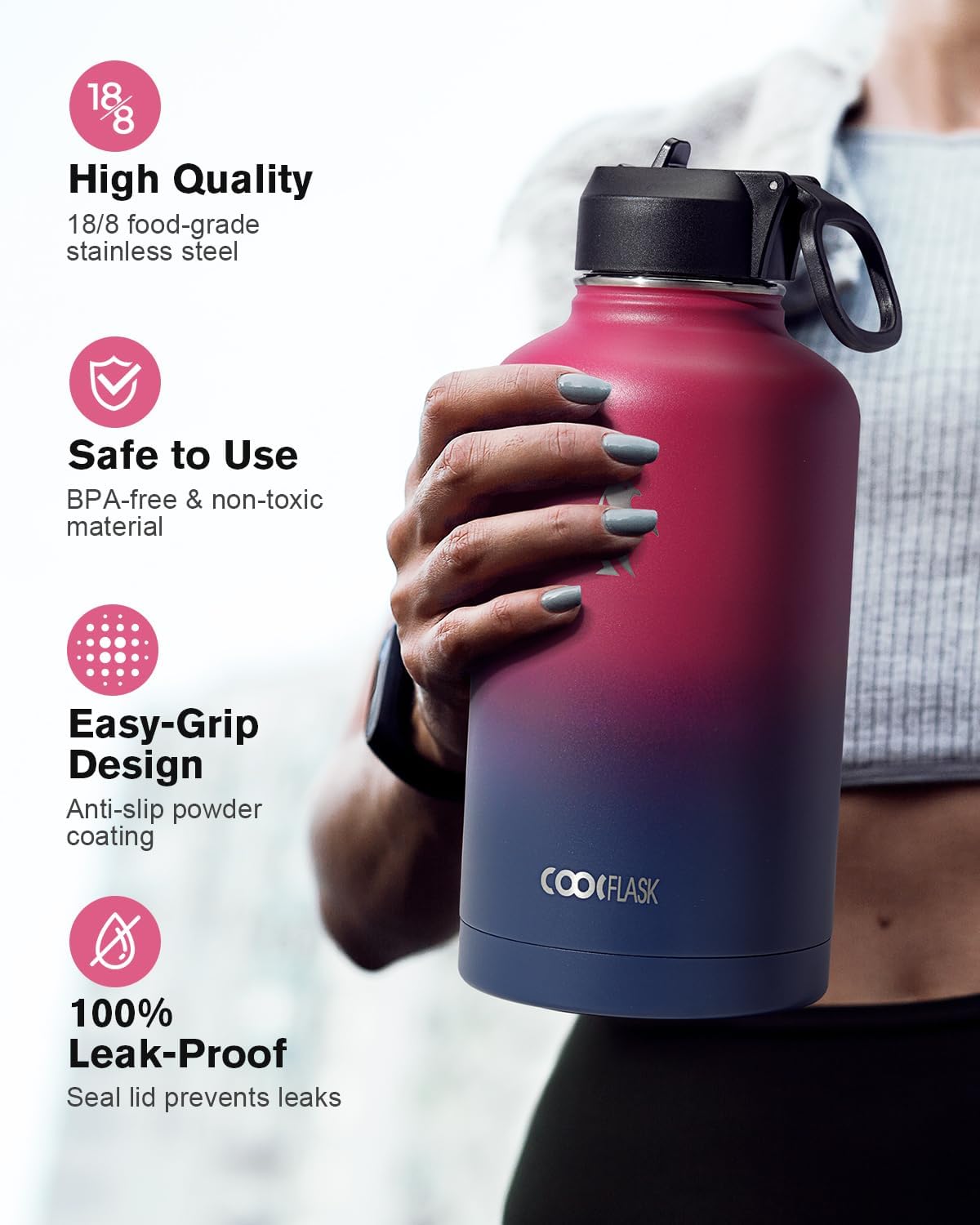 Half Gallon Water Bottle Insulated with Straw & 3 Lids, Coolflask 64 oz Water Jug Large Metal Stainless Steel Wide Mouth for Sports, Gym or Office, Non-BPA Keep Cold 48H Hot 24H, Ombre Wine/Navy - Image 3