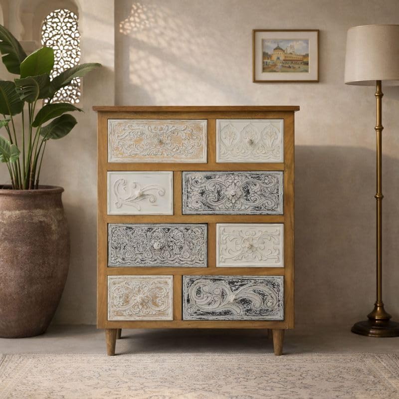 Image of Solid Wood Udaipur Chest of Drawers | 8-Drawer Wooden Dresser with Storage | Light Brown Distressed Finish