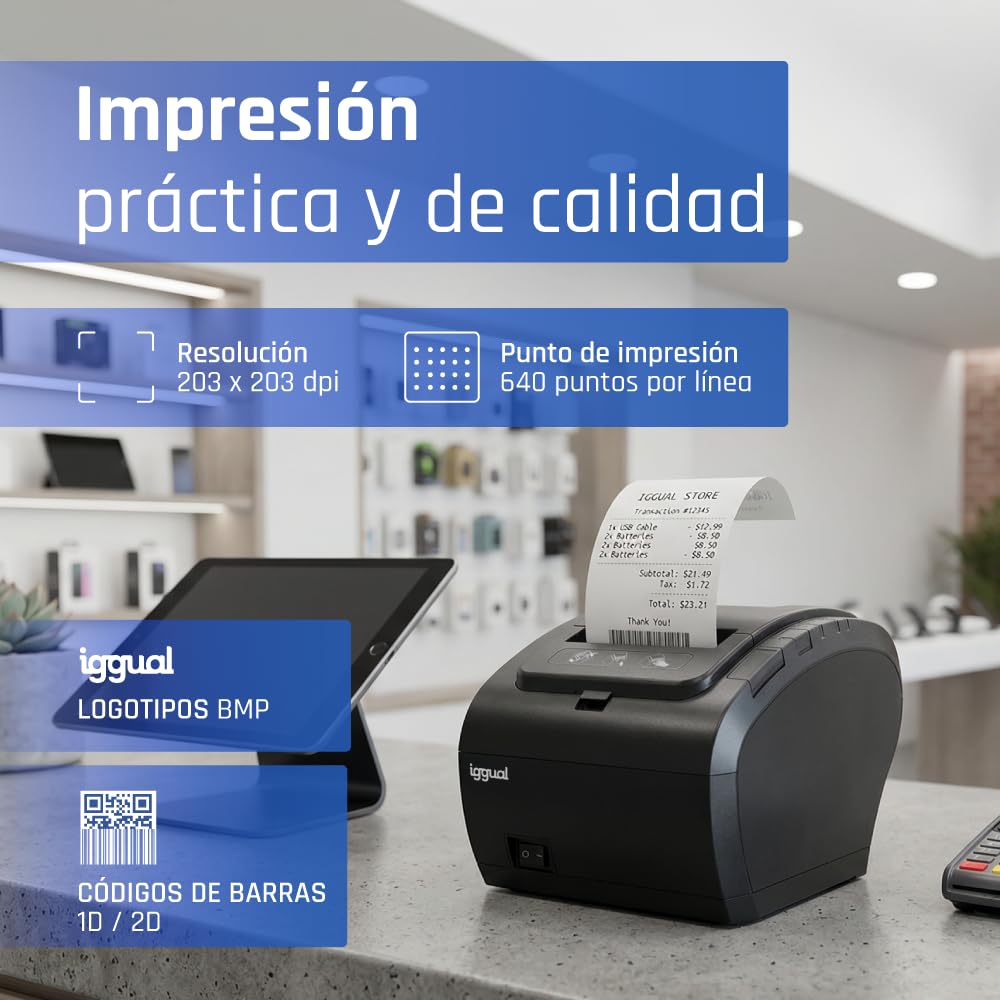 iggual Impresora Térmica de Tickets y Recibos TP8002 para TPV Y POS -Impresión 260mm/s. - Conexiones USB+RS-232+RJ45+RJ11.- Compatible :Windows, Android e iOS.- Emulación ESC/POS.- Rollos 57-80mm.