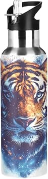 Tiger Head with Galaxy Sports Water Bottle with Straw Lid Boys Girls Vacuum Insulated Water Flask Leakproof Stainless Steel School Sport 20 Oz