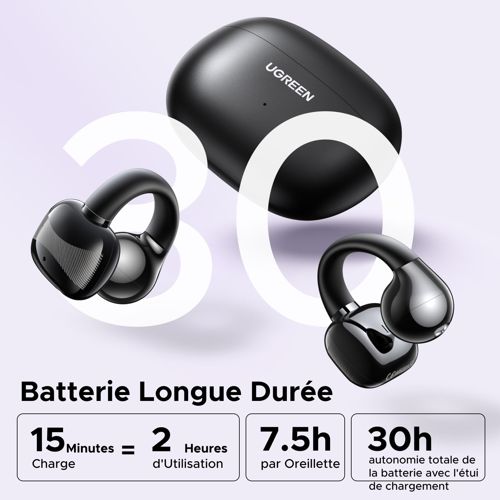 UGREEN HiTune S3 Écouteurs Bluetooth sans Fil Sport Écouteurs Clip Oreille Ouvert ENC DNN Antibruit Bluetooth 5.4 30H Autonomie USB C Charge Étanche à l'eau IPX5 pour Runing Cyclisme Noir