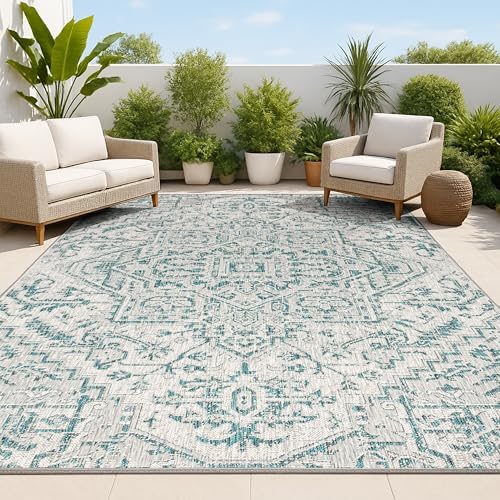 JONATHAN Y Boho Medallion Indoor Outdoor Area Rug 9X12 Teal/Gray, Estrella Textured Weave for Backyard, Patio, Porch, Easy-Cleaning, High Traffic, Pet-Friendly, Non-Shedding (SMB105C-9)