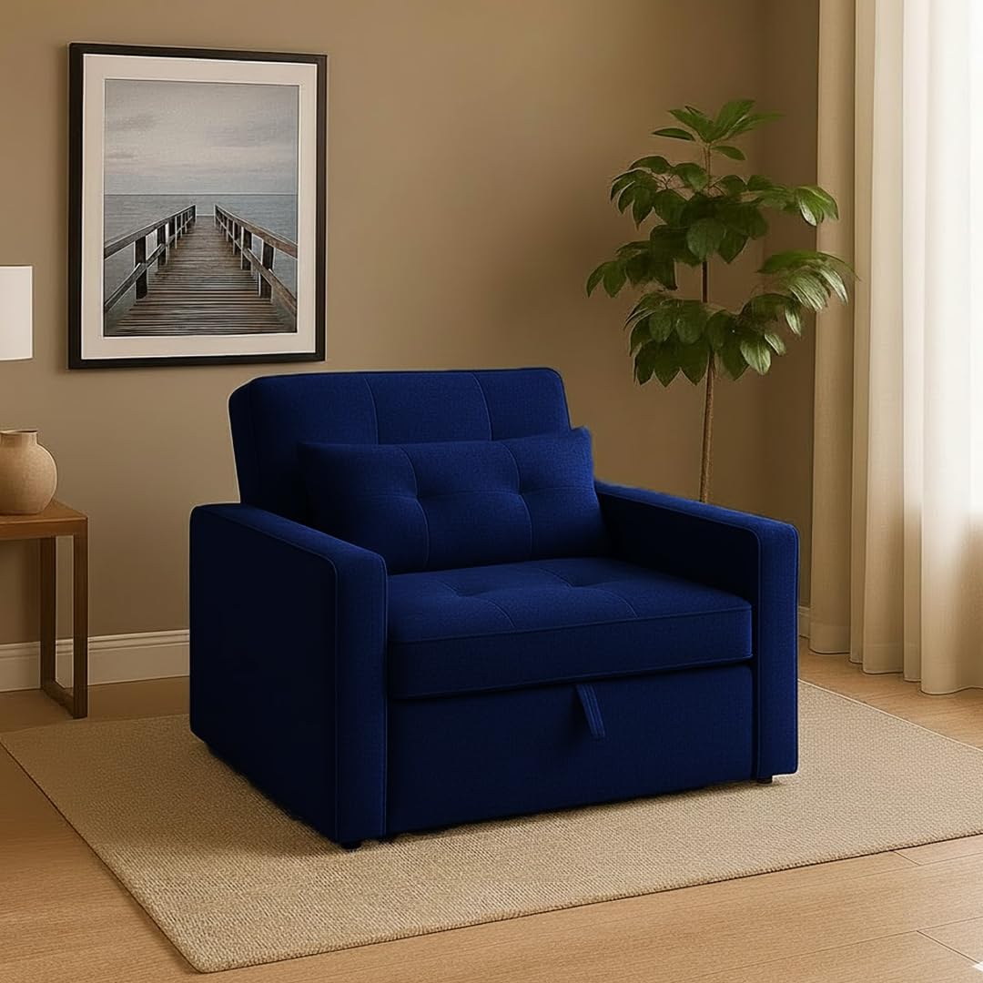 CASASTYLE Trissa 1 Seater Fabric Pull-Out Sofa Cum Bed (Dark Blue) – Premium Velvet Finish – Durable Comfort – Ideal for Living Room CASASTYLE Trissa 1 Seater Fabric Pull-Out Sofa Cum Bed (Dark Blue) – Premium Velvet Finish – Durable Comfort – Ideal for Living Room
