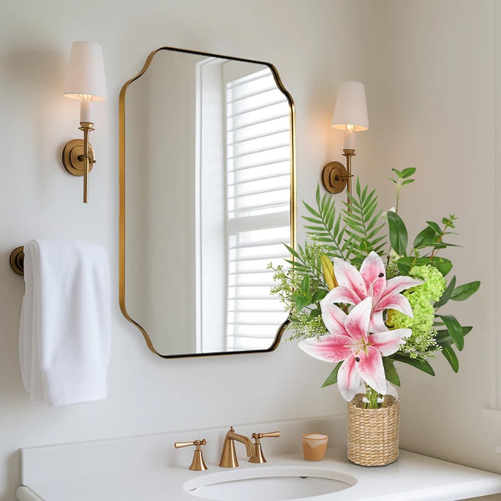 Hollyone Fake Flowers with Vase, Easter Lily Flowers, Pink Silk Tiger Lily and Hydrangea Artificial Flowers in Vase, Faux Plants and Flowers Arrangement Bouquets for Table Centerpieces Home Decor