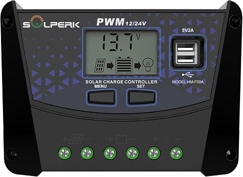 SOLPERK 50A Solar Charger Controller 12V 24V Auto, Solar Panel Battery Intelligent Regulator with Dual USB Port PWM Controller for Gel AGM Lead-Acid Lithium LiFePO4 Battery 50A