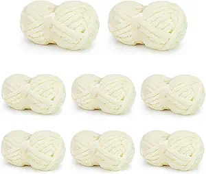 Chunky Yarn for Hand Knitting, Chunky Chenille Blanket Yarn for Crocheting, Bulky Soft Fluffy Chenille for Blanket Project, 8 Pack of 8oz/25yds, Milk White