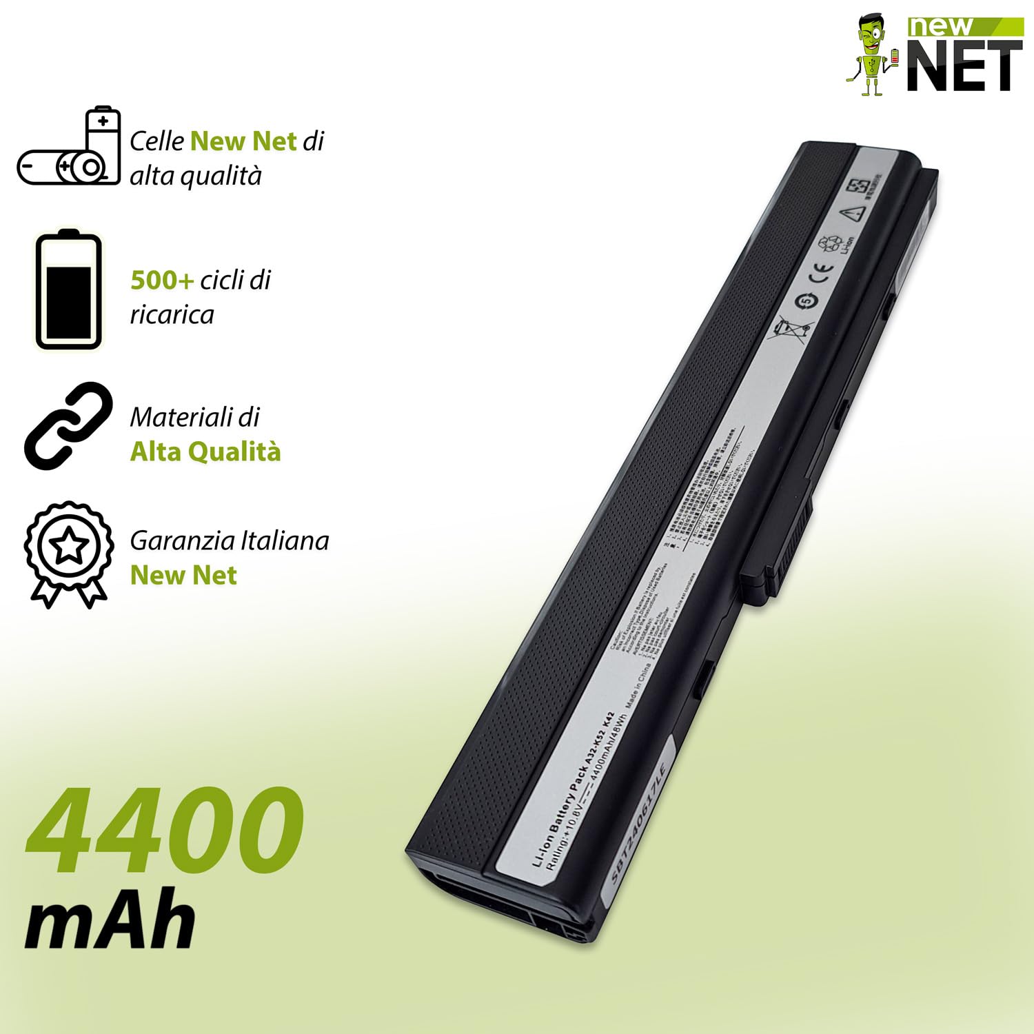 Batteria 5200mAh compatibile con PC portatile Asus X52F, X52J, X52JB, X52JC, X52JE, X52JG, X52JK, X52JR, X52N sostituisce A31-K42, A32-K42, A31-K52, A32-K52, A41-K52, A42-K52, 70-NXM1B2200Z, 90-NYX1B1000Y