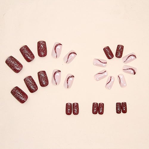 Miniatura 2 de 24 uñas postizas cortas a presión, uñas postizas cuadradas color rojo vino con purpurina ondulada, diseño de uñas adhesivas para otoño, invierno,