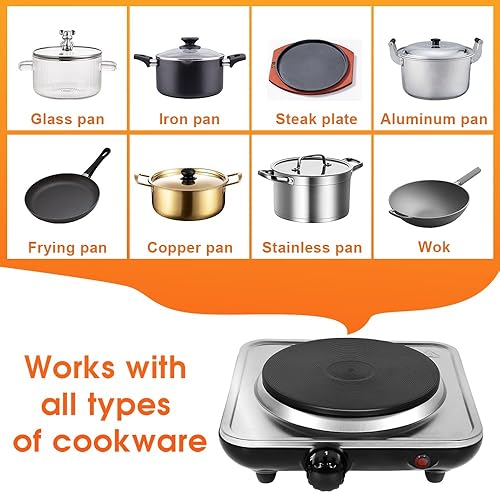 Miniatura 3 de Uten Encimera eléctrica de un solo quemador, placa de cocina de 1000 W con placa caliente de hierro fundido de 8.26 pulgadas, control de temperatura